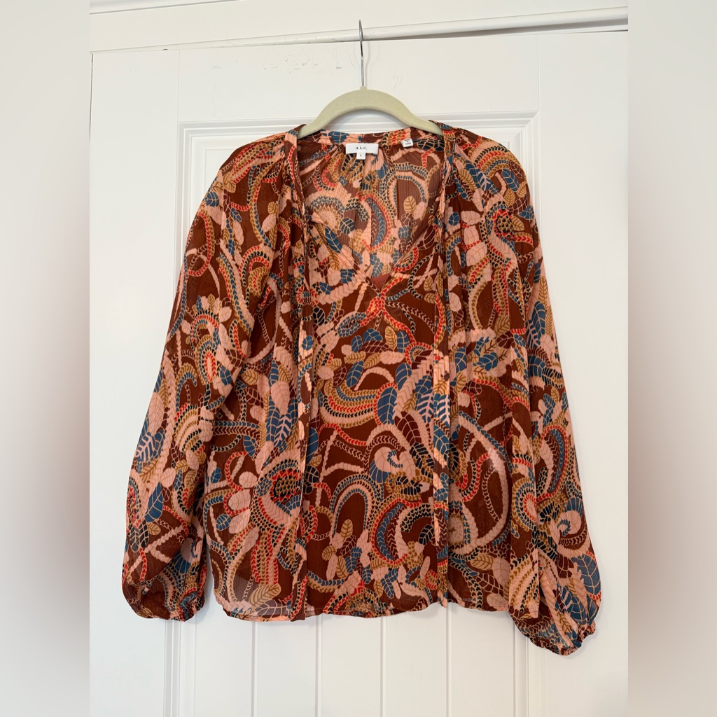 Alc Silk Blouse. Rust Print Boho Style